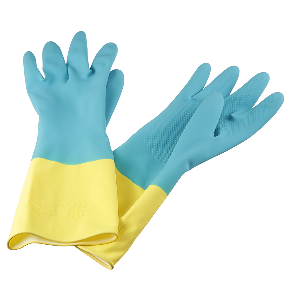 Перчатки резиновые AST Household Gloves Bi-color, 1 пара, размер XL, сине-желтые, с х/б напылением