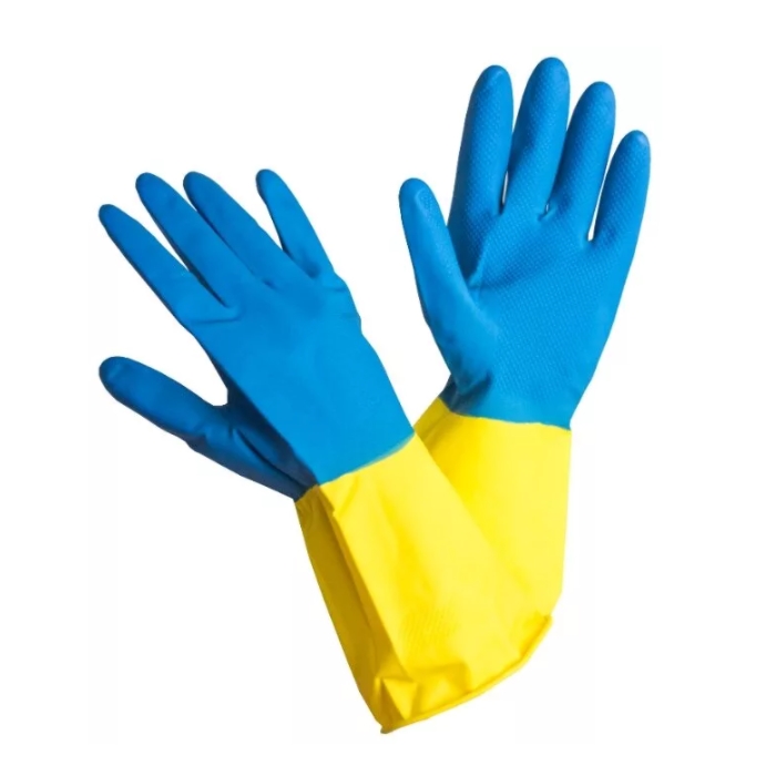 Перчатки резиновые Bi-color,1 пара, размер M, сине-желтые, с х/б напылением